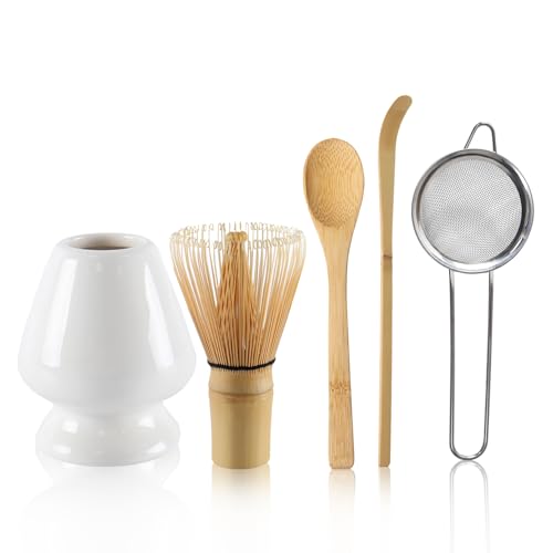 5-teiliges Matcha Set mit Matcha Besen, Löffel, Schaufel und Keramik Besenhalter–Matcha Zubehör mit sieb(Weiß) von Nwvuop