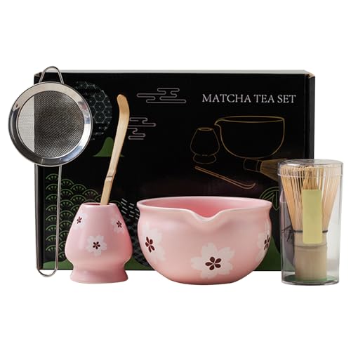 5er Set Matcha Tee Set mit Schneebesen und Schale, Matcha Schneebesen Keramik Matcha Besen Halter, Matcha Set für Teeliebhaber Rosa-Weiß von Nwvuop