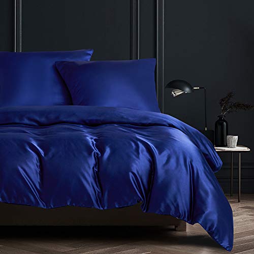 Nyescasa 3 Teilig Bettwäsche Satin 200x200 Blau Uni Einfarbig Glatt Glanzsatin Bettbezug 100% Seidenfeeling Polyester Deckenbezug mit Reißverschluss und 2 Kissenbezug 80x80cm von Nyescasa