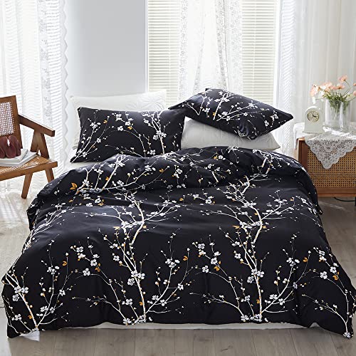 Nyescasa Bettwäsche 135x200 2 Teilig Schwarz Blumen Botanisch Muster Bettwäsche-Set Blume Zweig Design Wendebettwäsche Weiche Mikrofaser Bettbezug mit Reißverschluss und Kissenbezug 80x80cm von Nyescasa