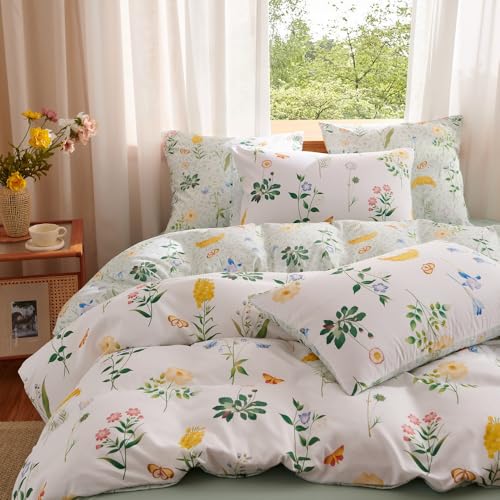 Nyescasa Bettwäsche 135x200 2 Teilig Weiß Grün Blumen Blätter Muster Bettwäsche-Set Pflanzen Botanisch Wendebettwäsche Weiche Mikrofaser Bettbezug mit Reißverschluss und Kissenbezug 80x80cm von Nyescasa
