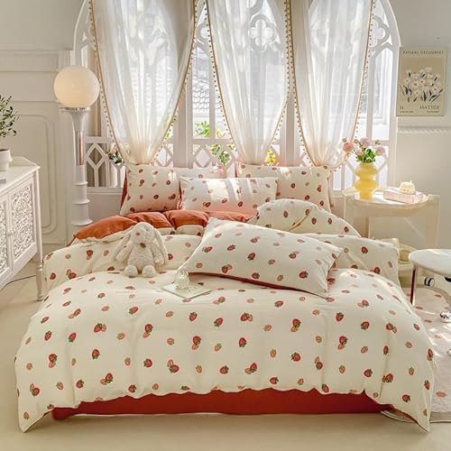 Nyescasa Bettwäsche 135x200 4 Teilig Beige Karamell Erdbeere Bettwäsche-Set Mädchen Kinder Erdbeere Wendebettwäsche Mikrofaser 2 Bettbezug Früchte Muster mit Reißverschluss und 2 Kissenbezug 80x80cm von Nyescasa