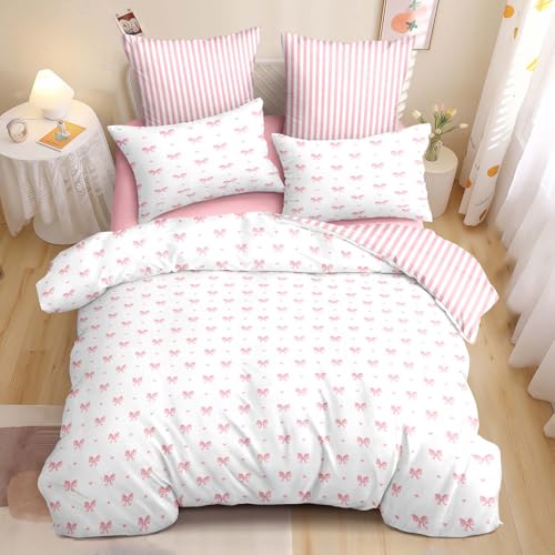 Nyescasa Bettwäsche 135x200 4teilig Rosa Schleifen Herz Mädchen Kinder Aesthetic Bettwäsche Weich Mikrofaser Gestreift Wendebettwäsche Set mit Reißverschluss und 2 Kissenbezug 80x80cm von Nyescasa