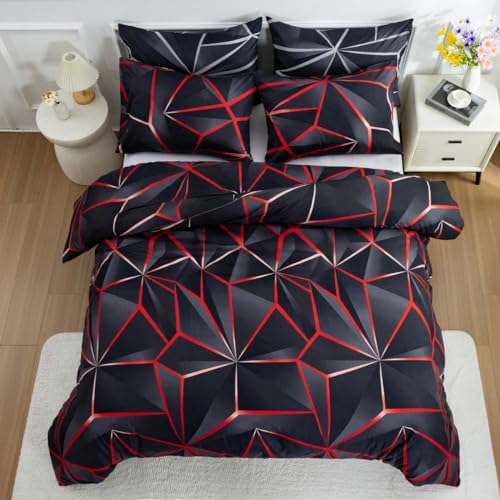 Nyescasa Bettwäsche 135x200 4teilig Schwarz Rot Geometrisch Marmor Muster Wendebettwäsche Set Modern Gradient Kariert Linien Mikrofaser 2 Bettbezug mit Reißverschluss und 2 Kissenbezug 80x80cm von Nyescasa