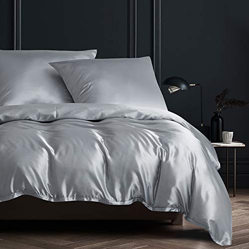 Nyescasa Bettwäsche 135x200 Grau Uni Einfarbig Glatt Seidenfeeling Bettbezug 100% Bequem Satin Polyester Einzelbett Deckenbezug mit Reißverschluss und Kissenbezug 80x80cm von Nyescasa