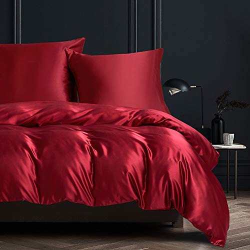 Nyescasa Bettwäsche 135x200 Rot Weinrot Uni Einfarbig Glatt Seidenweich Bettbezug 100% Bequem Satin Polyester Einzelbett Deckenbezug mit Reißverschluss und Kissenbezug 80x80cm von Nyescasa