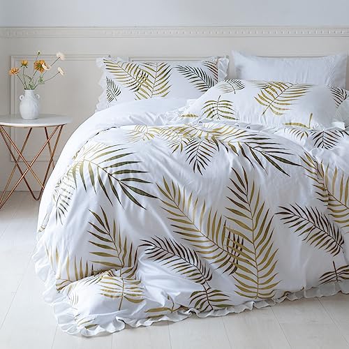 Nyescasa Bettwäsche 135x200 Weiß Gold Blätter Muster mit Rüschen 2 Teilig Mädchen Elegant Botanisch Mikrofaser Bettbezug mit Reißverschluss und Kissenbezug 80x80 cm von Nyescasa