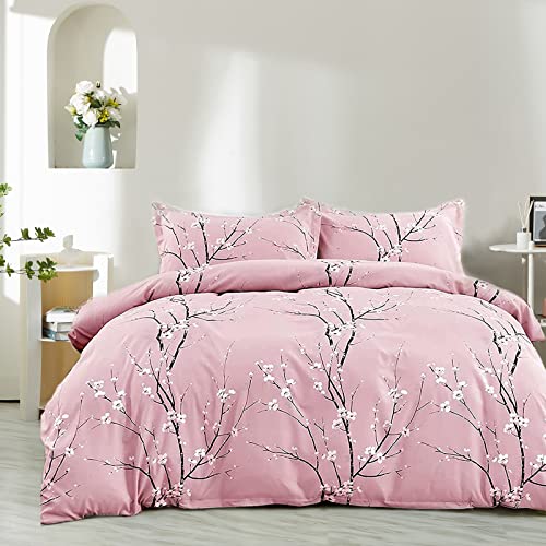 Nyescasa Bettwäsche 200x200 3 Teilig Rosa Blumen Botanisch Muster Bettwäsche-Set Blume Zweig Design Wendebettwäsche Weiche Mikrofaser Bettbezug mit Reißverschluss und 2 Kissenbezug 80x80cm von Nyescasa