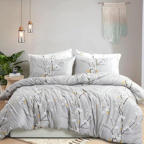 Nyescasa Bettwäsche 200x220 3 Teilig Grau Blumen Botanisch Muster Bettwäsche-Set Blume Zweig Design Wendebettwäsche Weiche Mikrofaser Bettbezug mit Reißverschluss und 2 Kissenbezug 80x80cm von Nyescasa