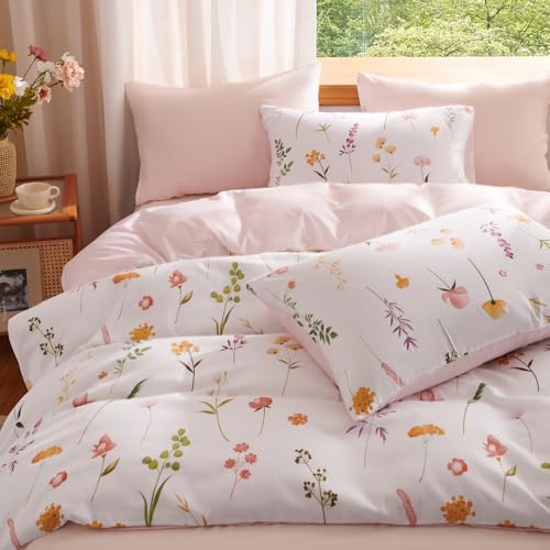 Nyescasa Bettwäsche 200x220 3 Teilig Weiß Rosa Blumen Blätter Muster Bettwäsche-Set Mädchen Floral Pflanzen Wendebettwäsche Weiche Mikrofaser Bettbezug mit Reißverschluss und 2 Kissenbezug 80x80cm von Nyescasa