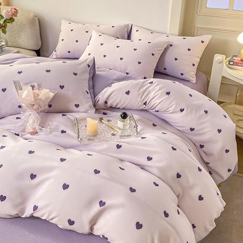 Nyescasa Bettwäsche 220x240 3 Teilig Violett Herzen Bettwäsche-Set Mädchen Herzmuster Wendebettwäsche Kinder Weiche Mikrofaser Bettbezug mit Reißverschluss und 2 Kissenbezug 80x80cm von Nyescasa