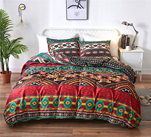 Nyescasa Bettwäsche Boho 135x200 cm Indisch Rot Gelb Grün Bohemian Bettbezüge Premium Qualität Mikrofaser Bunt Geometrisches Muster Bettwäsche Set mit 2 Kissenbezüge 80x80 cm Reißverschluss von Nyescasa