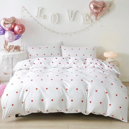 Nyescasa Bettwäsche Herzen 135x200 4teilig Weiß Rot Herz Bettbezug Weich Mikrofaser Mädchen Kinder Herzmuster Bettwäsche Set mit Reißverschluss und 2 Kissenbezug 80x80cm von Nyescasa