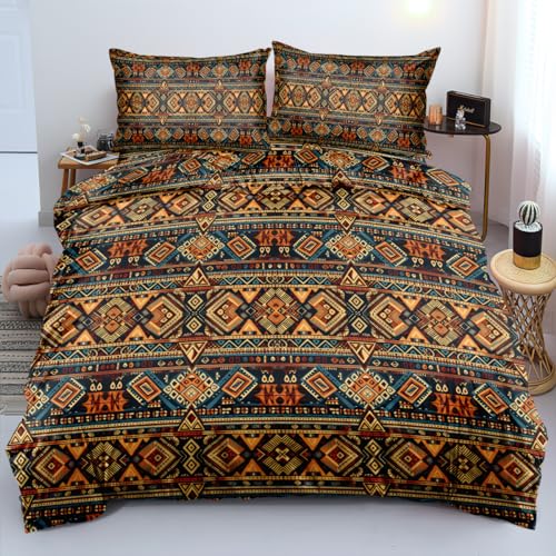 Nyescasa Boho Bettwäsche 135x200 Vintage Bohemian Indisch Geometrisch Böhmisch Wendebettwäsche Set Weiche Mikrofaser Rot Gelb Bunt Bettbezüge mit Reißverschluss und Kissenbezug 80x80cm von Nyescasa