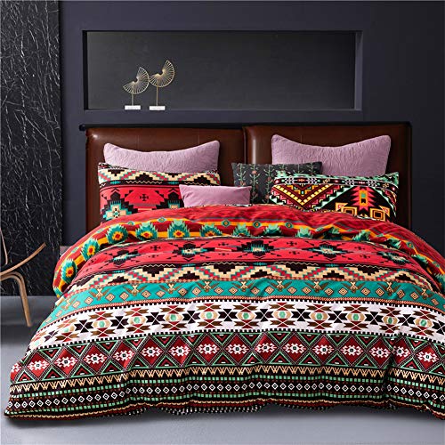 Nyescasa Boho Bettwäsche 155x 220 cm 2teilig Indisch Rot Grün Bohemian Bettbezüge Premium Qualität Mikrofaser Bunt Geometrisches Muster Bettwäsche Set mit Kissenbezug 80x80 cm Reißverschluss von Nyescasa