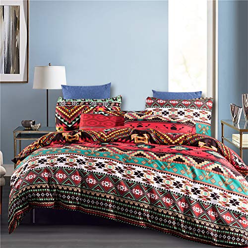 Nyescasa Boho Bettwäsche 200x220 Indisch Rot Grün Bohemian Bettbezüge Premium Qualität Mikrofaser Bunt Geometrisches Muster Bettwäsche Set mit 2 Kissenbezüge 80x80 cm Reißverschluss von Nyescasa