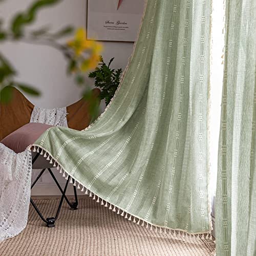 Nyescasa Boho Vorhänge Landhausstil Baumwolle Leinen Quaste Gardinen Grün Vintage Bestickte Vorhänge mit Ösen Lichtdurchlässig Vorhänge für Wohnzimmer Schlafzimmer Dekoschal 2 Stück 244x132cm(H×B) von Nyescasa