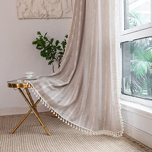 Nyescasa Boho Vorhänge Landhausstil Baumwolle Leinen Quaste Gardinen Kaffee Vintage Bestickte Vorhänge mit Ösen Lichtdurchlässig Vorhänge für Wohnzimmer Schlafzimmer Dekoschal 2 Stück 240x140cm(H×B) von Nyescasa