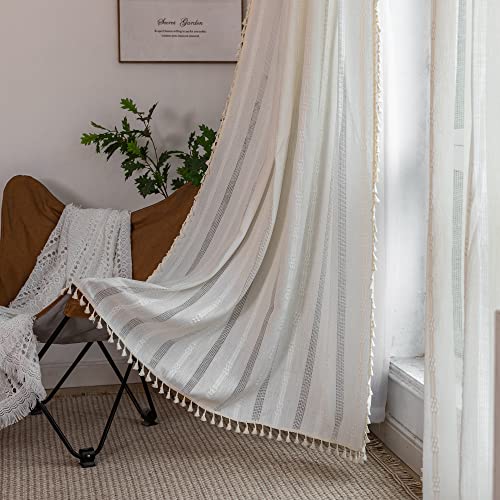 Nyescasa Boho Vorhänge Landhausstil Baumwolle Leinen Quaste Gardinen Weiß Vintage Bestickte Vorhänge mit Ösen Lichtdurchlässig Vorhänge für Wohnzimmer Schlafzimmer Dekoschal 2 Stück 240x140cm(H×B) von Nyescasa