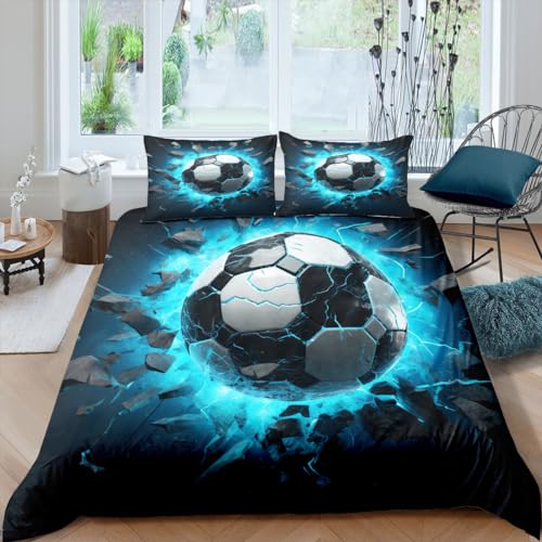 Nyescasa Fussball Bettwäsche 135x200 Jungen Kinderbettwäsche Blau Weiß 3D Fußball Muster Wendebettwäsche Weich Mikrofaser Bettbezug mit Reißverschluss und Kissenbezug 80x80 cm von Nyescasa