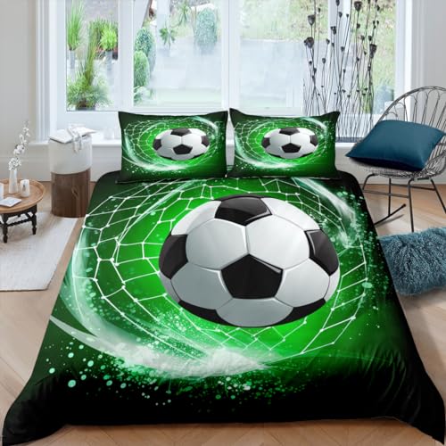 Nyescasa Fussball Bettwäsche 135x200 Jungen Kinderbettwäsche Grün Weiß 3D Fußball Muster Wendebettwäsche Weich Mikrofaser Bettbezug mit Reißverschluss und Kissenbezug 80x80 cm von Nyescasa