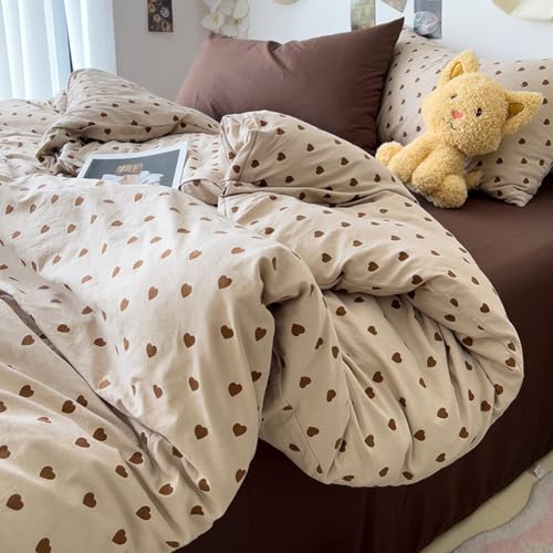 Nyescasa Herz Bettwäsche 135x200 Braun Herzen Bettbezug Mädchen Kinder Weich Mikrofaser Herzmuster Wendebettwäsche Set mit Reißverschluss und Kissenbezug 80x80cm von Nyescasa