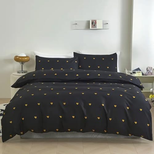 Nyescasa Herz Bettwäsche 140x200 Schwarz Gold Herzen Bettbezug Weich Mikrofaser Mädchen Kinder Herzmuster Bettwäsche Set mit Reißverschluss und Kissenbezug 70x90cm von Nyescasa