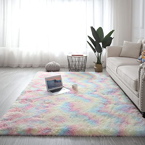 Nyescasa Hochflor Teppich Langflor Wohnzimmer Teppich Modern Flauschig Weich Rechteckig Teppich für Wohnzimmer Kinderzimmer Schlafzimmer Flur Läufer Regenbogen Shaggy Teppich Innen 80x120cm von Nyescasa