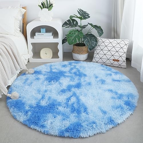 Nyescasa Hochflor Teppich Langflor Wohnzimmer Teppich Modern Flauschig Weich Runder Teppich für Wohnzimmer Kinderzimmer Schlafzimmer Flur Läufer Blau Shaggy Teppich Innen 100cm von Nyescasa