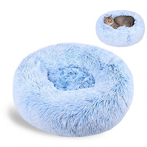 Nyescasa Katzenbett Rund Donut Hundebett Kissen Fluffy Plüsch Haustier Bett Weich Warm wasserdicht rutschfest waschbar Cuddler Nest für Kleine, Mittelgroße und Große Hunde, Katzen(L 60cm Ø, Blau) von Nyescasa