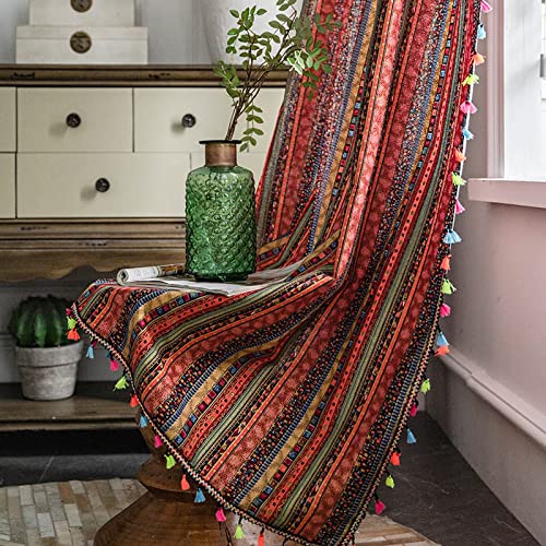 Nyescasa Lichtdurchlässig Vorhänge Baumwolle Vorhang Boho Bohemien Vintage Vorhänge mit Ösen mit Quaste Gardienen Ösenschal für Wohnzimmer Schlafzimmer Dekoschal 2er Set 160x150cm(H×B) Rot von Nyescasa