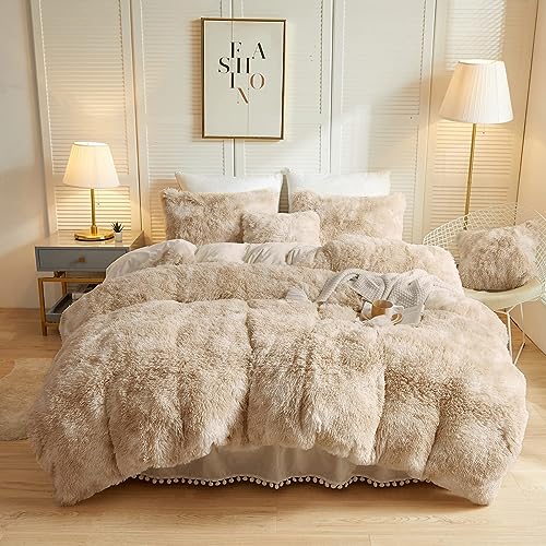 Nyescasa Plüsch Bettwäsche 135x200 4teilig Winter Warme Flauschig Langhaar Biber Wendebettwäsche Set Beige Khaki Cashmere Touch Coral Fleece Bettbezug mit Reißverschluss und 2 Kissenbezug 80x80cm von Nyescasa