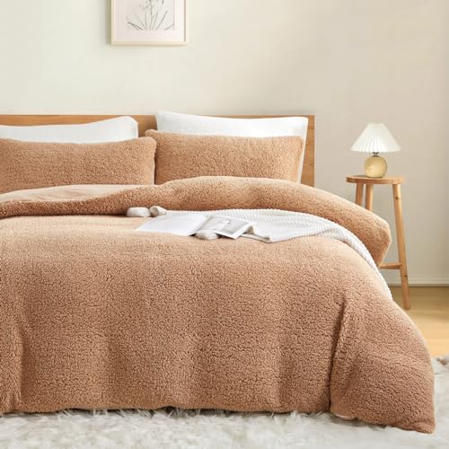 Nyescasa Plüsch Bettwäsche 135x200 4teilig Winter Warme Flauschig Teddy Fleece Winterbettwäsche Set Khaki Kamel Cashmere Touch Kuschel Bettbezug mit Reißverschluss und 2 Kissenbezug 80x80cm von Nyescasa