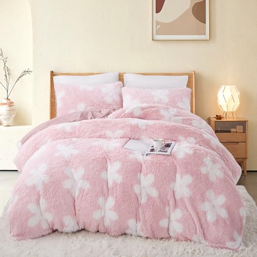 Nyescasa Plüsch Bettwäsche 135x200 Winter Flauschig Warme Flanell Biber Wendebettwäsche Langhaar Flausch Fleece Deckenbezug Rosa Blume Mädchen 2 Bettbezug mit Reißverschluss und 2 Kissenbezug 80x80cm von Nyescasa