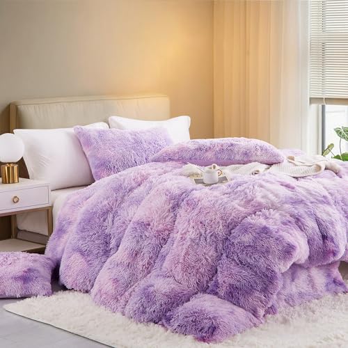 Nyescasa Plüsch Bettwäsche 220x240 Winter Flauschig Warme Flanell Biber Wendebettwäsche Langhaar Flausch Fleece Deckenbezug Tie Dye Violett Bettbezug mit Reißverschluss und 2 Kissenbezug 80x80cm von Nyescasa