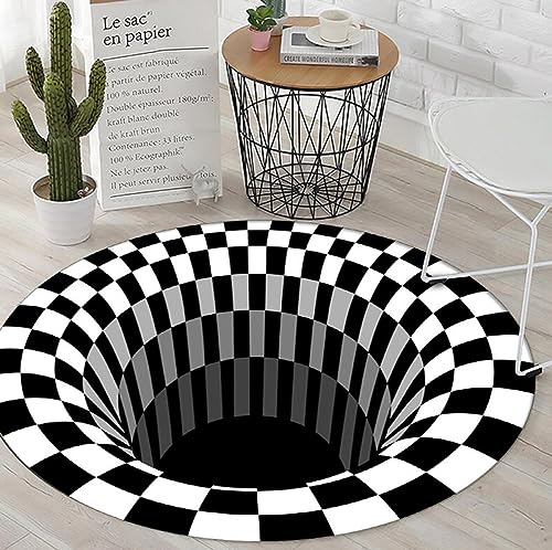 Nyescasa Runder Teppich 3D Optische Täuschung Illusions Teppich Rutschfester Vortex Carpet Schwarz-weiße Kariert Bodenmatte Fußmatte Für Wohnzimmer Schlafzimmer Küchenboden Flur 80CM von Nyescasa