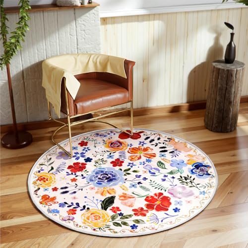 Nyescasa Runder Teppich Blumen Boho Waschbar rutschfest Vintage Floral Kurzflor Teppich Wohnzimmer Weich Modern für Schlafzimmer Esszimmer Küche Flur Innen Rund 160cm Rosa von Nyescasa