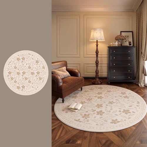 Nyescasa Runder Teppich Vintage Blumen Waschbar rutschfest Bedruckt Teppich Wohnzimmer Weich Modern für Schlafzimmer Esszimmer Flur Innen Beige Rund 80cm von Nyescasa