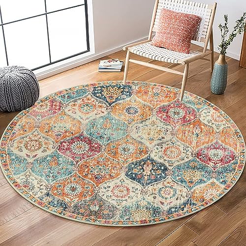 Nyescasa Runder Teppich Vintage Boho Teppich Waschbar Baumwollteppich Mandala Bedruckt Teppich Wohnzimmer Rund 100cm Flauschig Modern Teppich für Schlafzimmer Wohnzimmer Esszimmer Küche Innen von Nyescasa