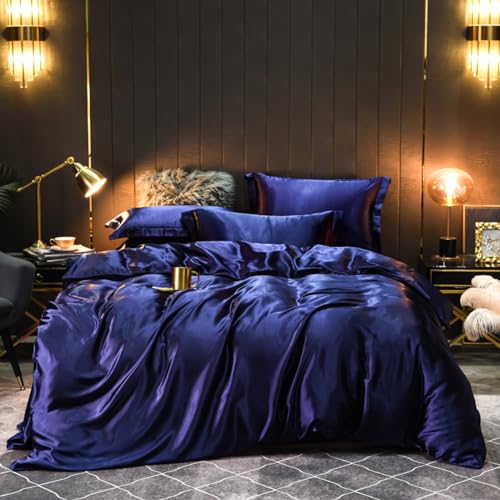 Nyescasa Satin Bettwäsche 135x200 2 Teilig Dunkelblau Einfarbig Unifarben Bettwäsche-Set Luxus Seide Glanzsatin Bettbezüge Glatt Glänzend Bettbezug mit Reißverschluss und Kissenbezug 80x80cm von Nyescasa