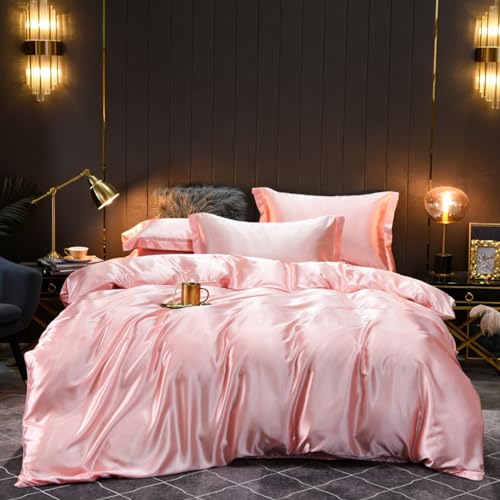 Nyescasa Satin Bettwäsche 135x200 2 Teilig Rosa Einfarbig Unifarben Bettwäsche-Set Luxus Seide Glanzsatin Bettbezüge Glatt Glänzend Bettbezug mit Reißverschluss und Kissenbezug 80x80cm von Nyescasa