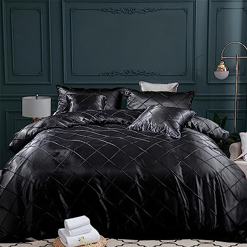 Nyescasa Satin Bettwäsche 135x200 2 Teilig Schwarz Einfarbig Bettwäsche-Set Glatt Luxus Seide Glanzsatin Bettbezüge Geometrische Glänzend Bettbezug mit Reißverschluss und Kissenbezug 80x80cm von Nyescasa