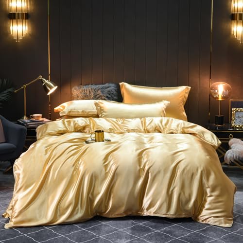 Nyescasa Satin Bettwäsche 135x200 4 Teilig Champagner Einfarbig Unifarben Bettwäsche-Set Luxus Seide Glanzsatin Bettbezüge Glatt Glänzend Bettbezug mit Reißverschluss und Kissenbezug 80x80cm von Nyescasa