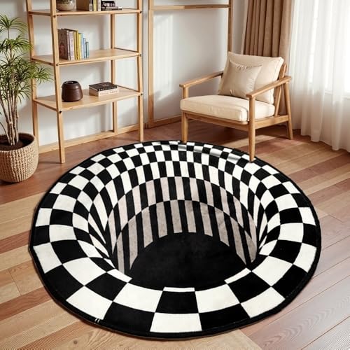 Nyescasa Teppich 3D Runder Teppich Kurzflor Optische Täuschung Illusions Teppich Rutschfester Vortex Carpet Schwarz-weiße Kariert Bodenmatte Fußmatte Für Wohnzimmer Schlafzimmer Küchenboden Flur 140CM von Nyescasa