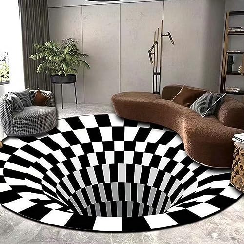 Nyescasa 3D Runder Teppich - Optische Täuschung Illusions Rutschfester Vortex Carpet - Schwarz-Weiße Kariert Bodenmatte Fußmatte Für Wohnzimmer Schlafzimmer Küchenboden Flur 100CM von Nyescasa