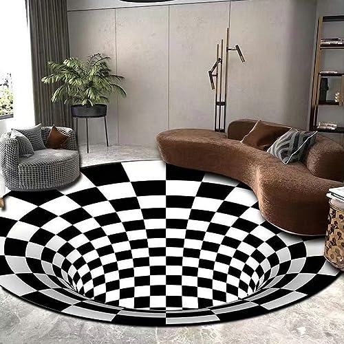 Nyescasa Teppich 3D Runder Teppich Optische Täuschung Illusions Teppich Rutschfester Vortex Carpet Schwarz-weiße Kariert Bodenmatte Fußmatte Für Wohnzimmer Schlafzimmer Küchenboden Flur 120CM von Nyescasa