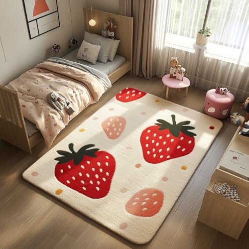 Nyescasa Teppich Rot Erdbeeren Kurzflor Teppich Modern Wohnzimmer Weich Teppich für Wohnzimmer Schlafzimmer Esszimmer Flur Teppich Kinder Mädchen Rechteckig Teppich aus Kaschmirimitat 120x160cm von Nyescasa