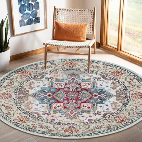 Nyescasa Teppich Rund 100 cm Vintage Boho Mandala Teppich Wohnzimmer Waschbar rutschfest Weich Kurzflor Runder Teppiche für Schlafzimmer Kinderzimmer Outdoor, Beige Blau Rot von Nyescasa