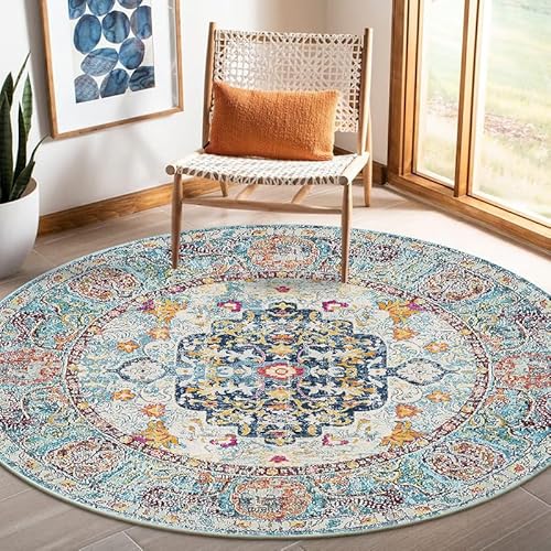 Nyescasa Teppich Rund 160 cm Vintage Boho Mandala Teppich Wohnzimmer Waschbar rutschfest Weich Kurzflor Runder Teppiche für Schlafzimmer Kinderzimmer Outdoor, Beige Blau von Nyescasa