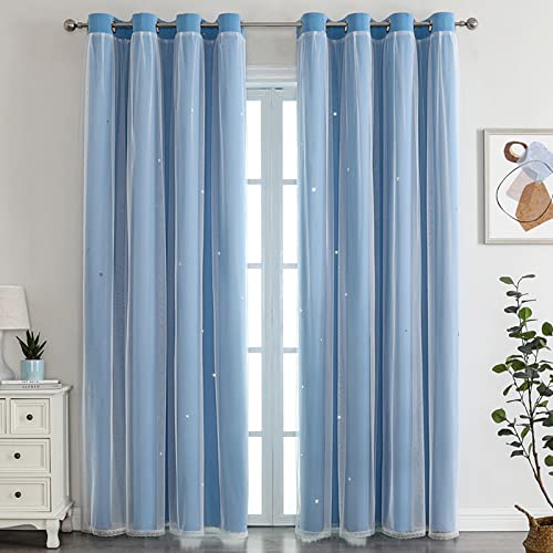 Nyescasa Verdunklungs Vorhänge Kinderzimmer Vorhang Doppellagige Gardienen mit Höhlen Sterne mit Voile Ösenschal für Wohnzimmer Schlafzimmer Mädchen Dekoschal 2er Set 183x132cm(H×B) Blau von Nyescasa